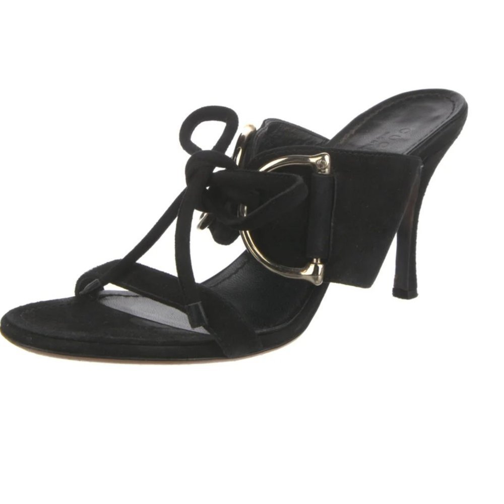 Gucci Suede Slides Horsebit Accent Black  Kitten Heels Size 36.5EU - Picture 3 of 5